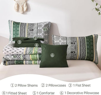 Cottolester Boho Comforter Set Queen Size,8 Pieces Dark Green Bohemian Striped Bed in a Bag,Paisley Soft Microfiber Bedding Comforter Set