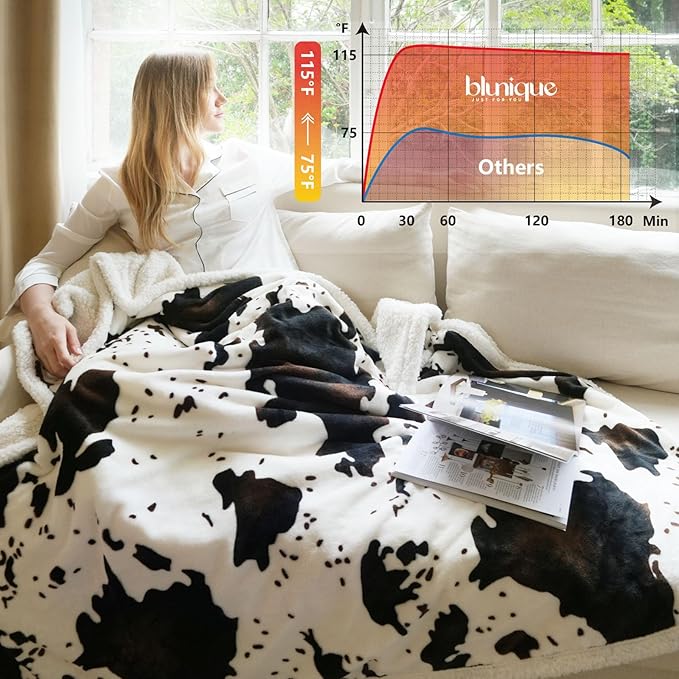 Cow Print Heated Blanket Twin-Heating Electric Blanket Twin with 10 Heat Levels & 10 Hours Auto-Off, Cozy Soft Fleece Sherpa, Washable, 62 x 84 Inches Cow Print White