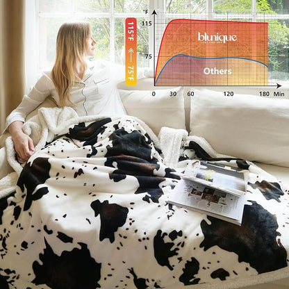 Cow Print Heated Blanket Twin-Heating Electric Blanket Twin with 10 Heat Levels & 10 Hours Auto-Off, Cozy Soft Fleece Sherpa, Washable, 62 x 84 Inches Cow Print White