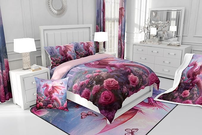 Manfei Western Dragon Kids Twin Comforter Sets,Pink Flowers Butterfly Reversible Bedding Set for KidsChildren,Princess Castle Animal 2 Pieces Quilt Sets,3D Wildlife Duvet Insert,1 Pillow Case