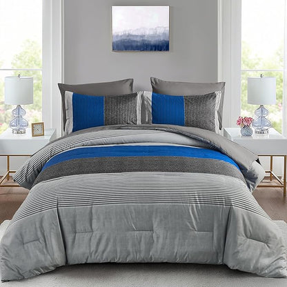 Anibedding King Size Blue Comforter Set 7 Pieces, Blue and Gray Patchwork Striped Bed in a Bag with Sheet Pillowcase for King Bed All Season