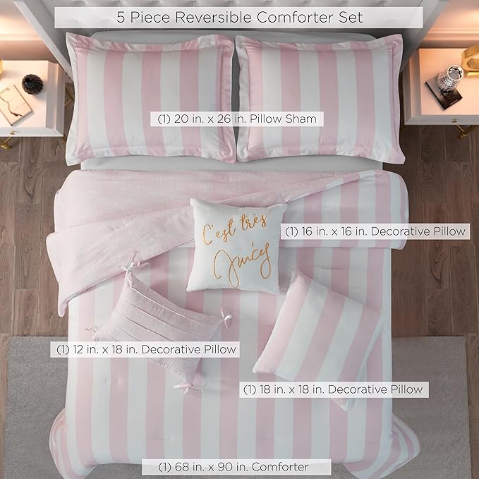 Juicy Couture Cabana Stripe Reversible Bedding Set - Twin/Twin XL Size - Dogwood Pink/White Stripe Print - 5 Piece Set - Includes 1 66" x 90" Comforter, 3 Decorative Pillows, 1 Sham