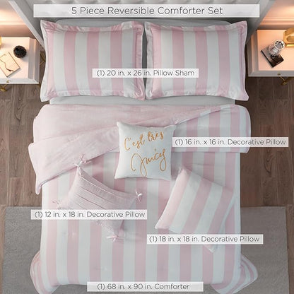 Juicy Couture Cabana Stripe Reversible Bedding Set - Twin/Twin XL Size - Dogwood Pink/White Stripe Print - 5 Piece Set - Includes 1 66" x 90" Comforter, 3 Decorative Pillows, 1 Sham