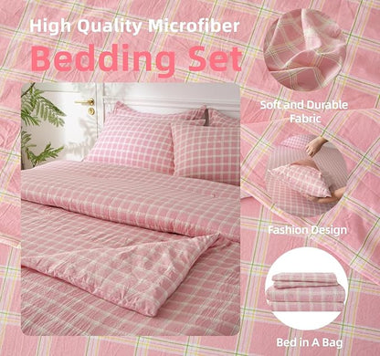 SDY 7PCS Pink Plaid Comforter and Sheet Set Queen Size, Super Soft Microfiber Gingam Bedding Set for Kids Girls Includes 1*Comforter,1* Flat Sheet, 1*Fitted Sheet,2*Pillowcases and 2*PillowcaseShams