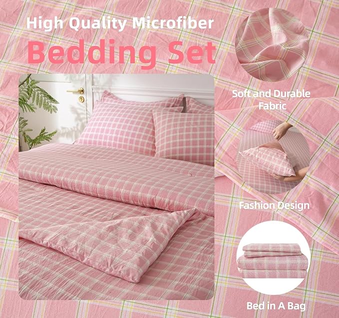 SDY 7PCS Pink Plaid Comforter and Sheet Set Full Size, Super Soft Microfiber Gingam Bed in A Bag Includes 1*Comforter,1* Flat Sheet, 1*Fitted Sheet,2*Pillowcases and 2*PillowcaseShams