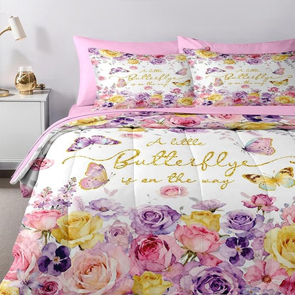 Nesker 7 Pcs Spring Comforter Set King Size, Pink Purple Floral Bedding Set for Kids and Adults, Roses Butterfly Bed Sheet Sets with Fitted Sheet 2 Pillowcases & 2 Shams