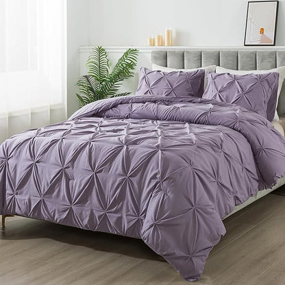 Andency Grayish Purple Pinch Pleat Comforter Full Size(79x90Inch), 3 Pieces(1 Pintuck Comforter and 2 Pillowcases) Lightweight Soft Microfiber Bedding Set for Women Men