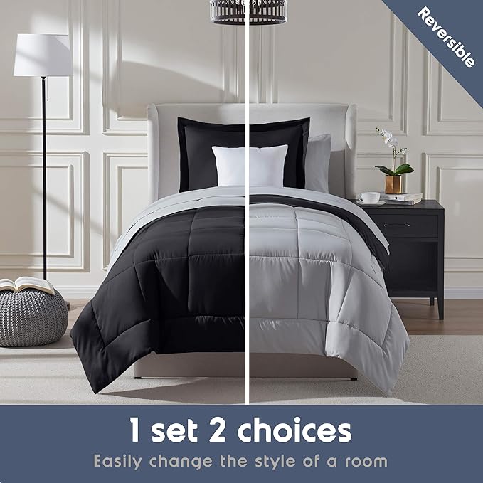 Nestl 5 Piece Twin XL Comforter Set – Black Reversible Bed in a Bag – Complete Twin XL Size Bedding Set with Sheets, Pillowcase and Sham