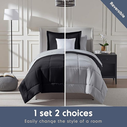 Nestl 5 Piece Twin Comforter Set – Black Reversible Bed in a Bag – Complete Twin Size Bedding Set with Sheets, Pillowcase and Sham