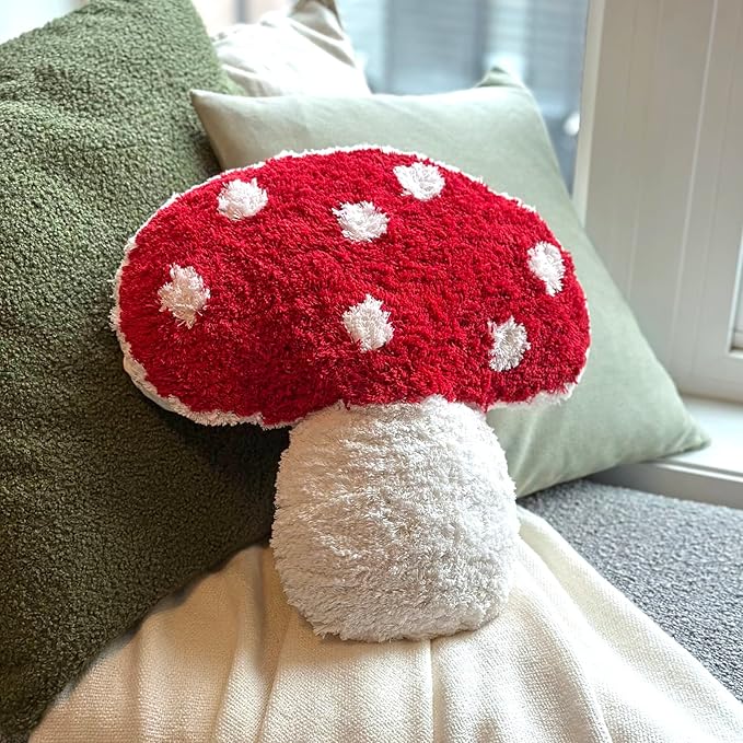 Mushroom Throw Pillow Tufted Shape Decorative Cushion 15” x 15” – Decor for Bed, Couch, Living Room (Red)