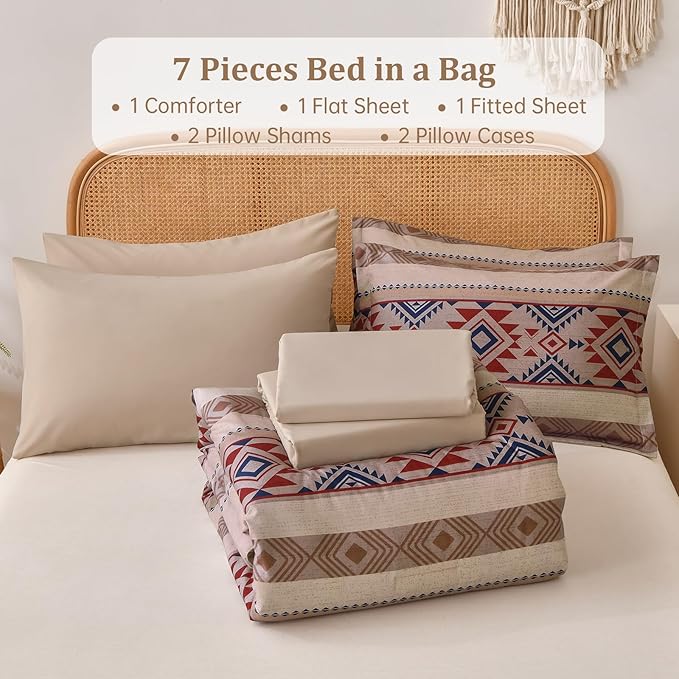 Anibedding Queen Comforter Set 7 Pieces Light Khaki Brown Bedding Comforter Set, Boho Aztec Bed in a Bag Soft Microfiber Bed Set with Sheets, Pillowcases & Shams