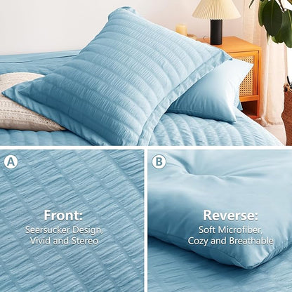 CozyLux Full Size Comforter Sets with Sheets Seersucker 7 Pieces Sky Blue Bed in a Bag Textured Luxury Soft Bedding Set with Down Alternative Comforter, Sheets, Pillowcases & Shams for All Seasons