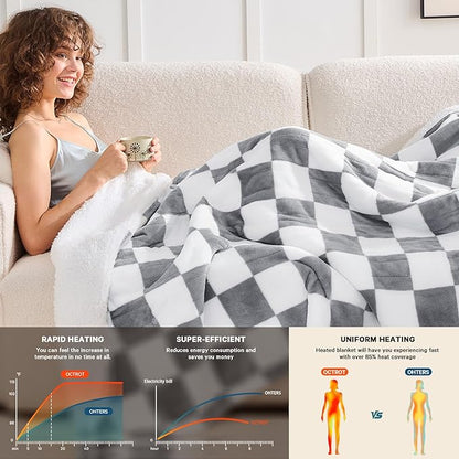 Heated Electric Blanket Throw, 50X60 Heating Blanket with 10 Heat Level & 8 Hour Auto Off for Lap, Light Gray Checkered Plaid Sherpa Blankets Warmer Gift for Couch Grandma Women Adults Washable