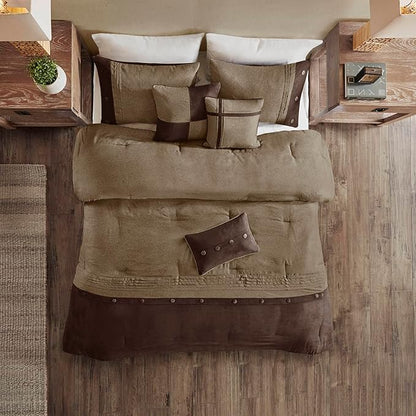 Madison Park Boone Cozy Comforter Set, Faux Suede, Deluxe Hotel Styling All Season Down Alternative Bedding Matching Shams, Decorative Pillow, California King (104 in x 92in), Rustic Brown 7 Piece
