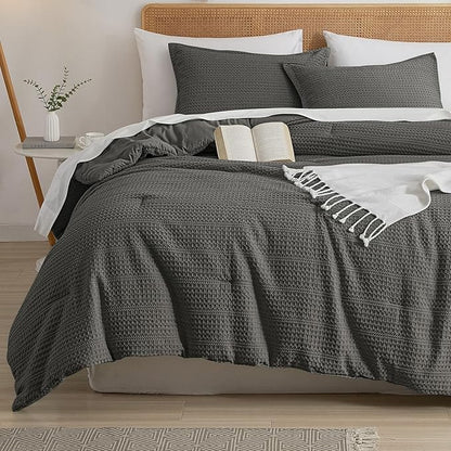 PHF Soft Waffle Comforter Set Queen Size- Comfy Breathable Waffle Weave Comforter with 2 Pillow Shams, 3 Pieces Less Snagging Lightweight Textured Bedding Set for All Season, Grey
