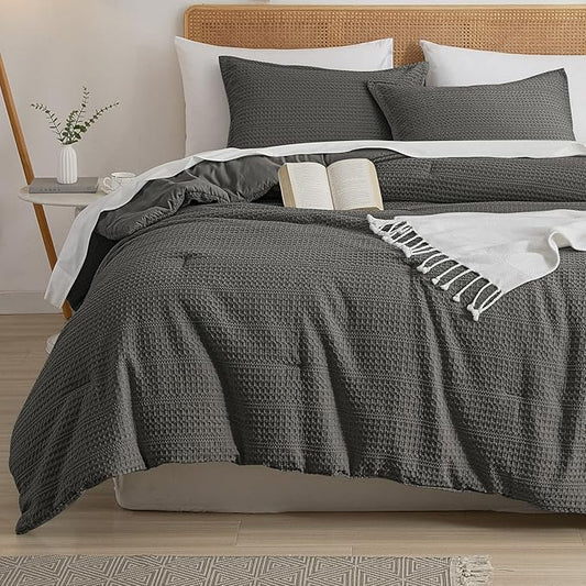 PHF Soft Waffle Comforter Set Twin Size- Comfy Breathable Waffle Weave Comforter with 1 Pillow Shams, 2 Pieces Less Snagging Lightweight Textured Bedding Set for All Season, Grey