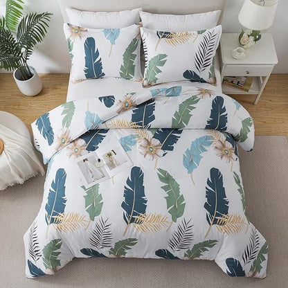 Caressma Boho Comforter Set Queen-3 Pieces Bohemian Queen Size Comforter Set, Tropical Botanical Palm Leaf Bedding Sets for All Season Soft Fluffy Lightweight(1 Comforter & 2 Pillowshams)
