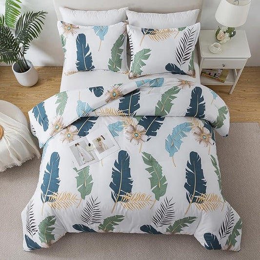 Caressma Boho Comforter Set Twin Bohemian Twin Size Comforter Set, Tropical Botanical Palm Leaf Bedding Sets for All Season Soft Fluffy Lightweight(1 Comforter & 1 Pillowshams)