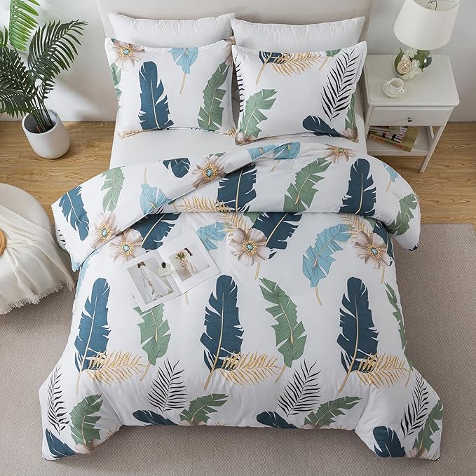 Caressma Boho Comforter Set Full-3 Pieces Bohemian Full Size Comforter Set, Tropical Botanical Palm Leaf Bedding Sets for All Season Soft Fluffy Lightweight(1 Comforter & 2 Pillowshams)