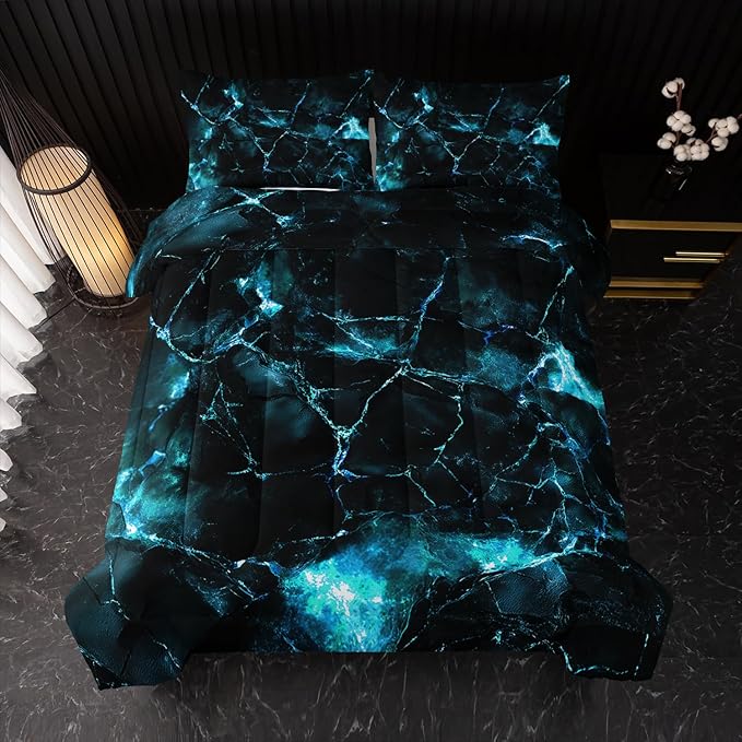 Blue Comforter Set King Size，Blue Marble Bedding Set 3 Pcs Bedding for Adults, Marble Room Decor with Comforter and 2 Pillowcases Soft and Lightweight B-Side Black