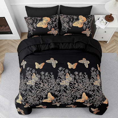 Yogeneg 7 Piece Bed in a Bag Queen Size Comforter Set Black Bedding Set,Gold Butterfly Leaves Printed on Black Reversible Design,Soft Microfiber Comforter with Sheet Set,All Season(Butterfly,Queen)