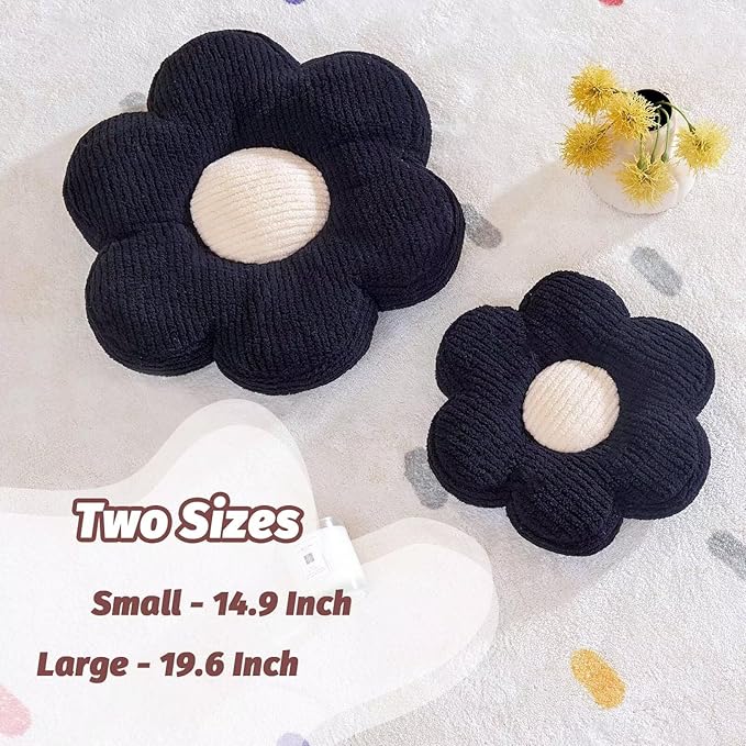 Flower Pillow, Cute Daisy Decorative Pillow for Bed, Soft Home Decor Floor Seating Cushion (Black, 14.9 Inches)
