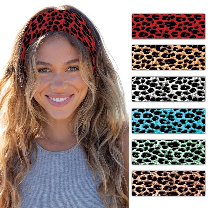 Cheetah Headbands for Women Trendy Leopard Wide Head Bands for Women's Hair Non Slip Wraps Elastic Stretchy Bandanas Workout Fashion Hair Accessories Birthday Gifts for Valentines 6PCS