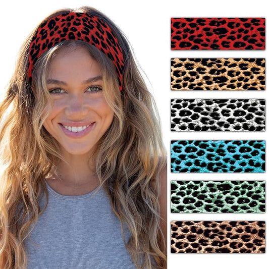 Cheetah Headbands for Women Trendy Leopard Wide Head Bands for Women's Hair Non Slip Wraps Elastic Stretchy Bandanas Workout Fashion Hair Accessories Birthday Gifts for Valentines 6PCS