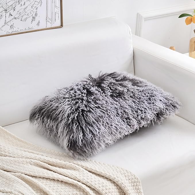 Genuine Mongolian Lamb Fur Pillow Cover – 12"x20" Rectangular Cushion Case – Soft Curly Wool Decorative Accent for Sofa, Bed, or Chair (Frosted Grey)