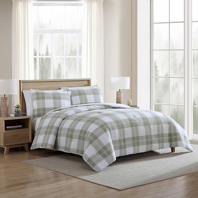 Eddie Bauer - Full/Queen Comforter Set, Premium Cotton Embroidered Bedding with Matching Sham(s), Plaid Bedding Set (Mountain Embroidery Plaid Green, Full/Queen)