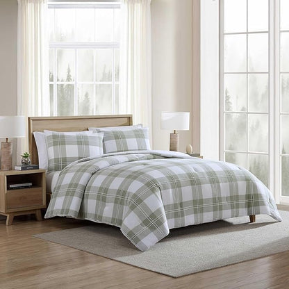 Eddie Bauer - Full/Queen Comforter Set, Premium Cotton Embroidered Bedding with Matching Sham(s), Plaid Bedding Set (Mountain Embroidery Plaid Green, Full/Queen)