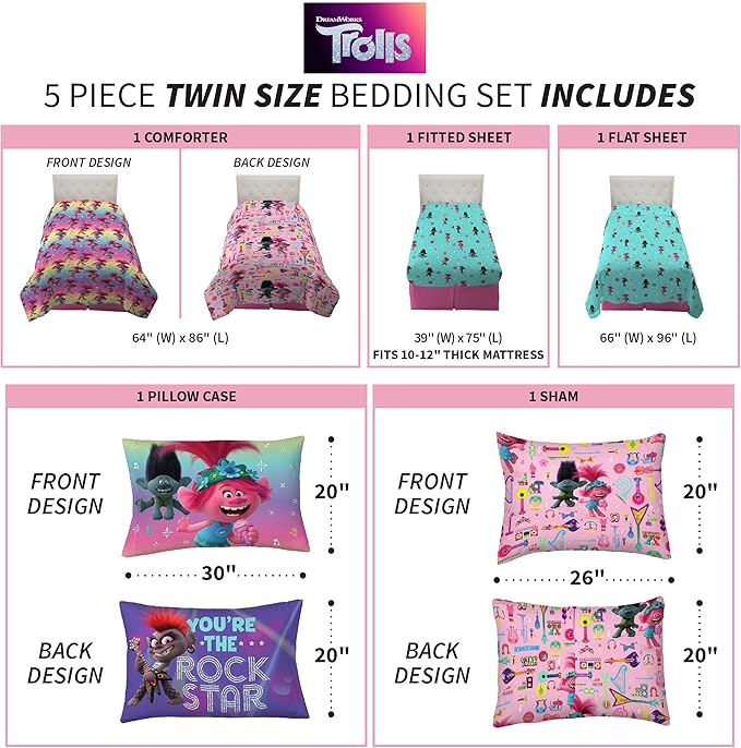 Franco Kids Bedding Soft Comforter and Sheet Set with Sham, 5 Piece Twin Size, Trolls World Tour