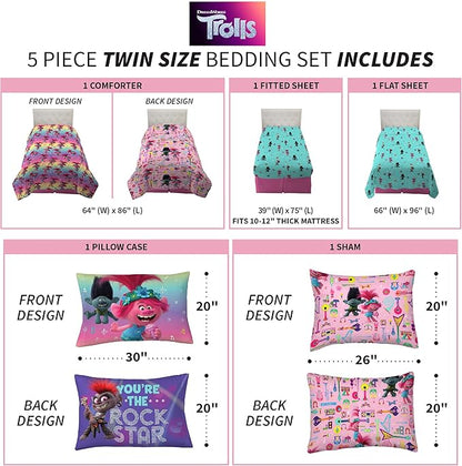Franco Kids Bedding Soft Comforter and Sheet Set with Sham, 5 Piece Twin Size, Trolls World Tour