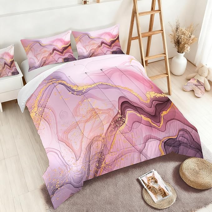 Marble Pink Gold Comforter Sets Full Pale Pink Chic Bedding Set for Girls Teens Women Boys Gold Glitter Luxury Marbling Texture Quilt Microfiber Girls Bedding Set for All Age