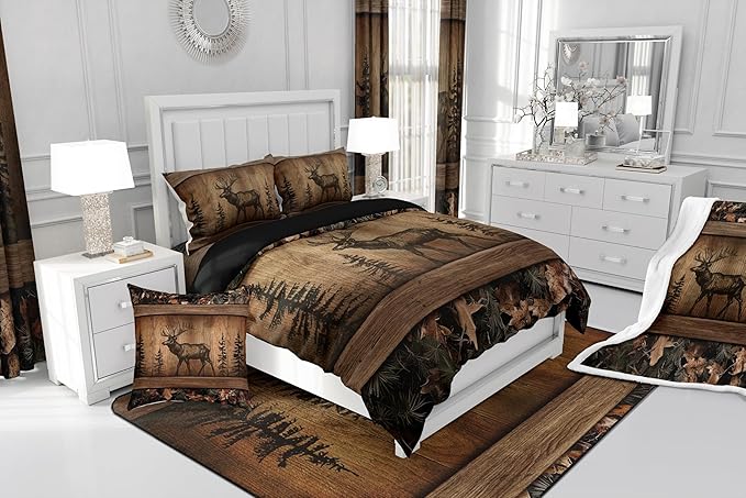 Erosebridal Camo Moose Bedding Comforter Sets Rustic Tree Camouflage Wildlife Bedding Set Twin Woodland Hunting Animal Comforter Set for Kids Boys Men Farmhouse Wood Board Pine Tree Quilt Set