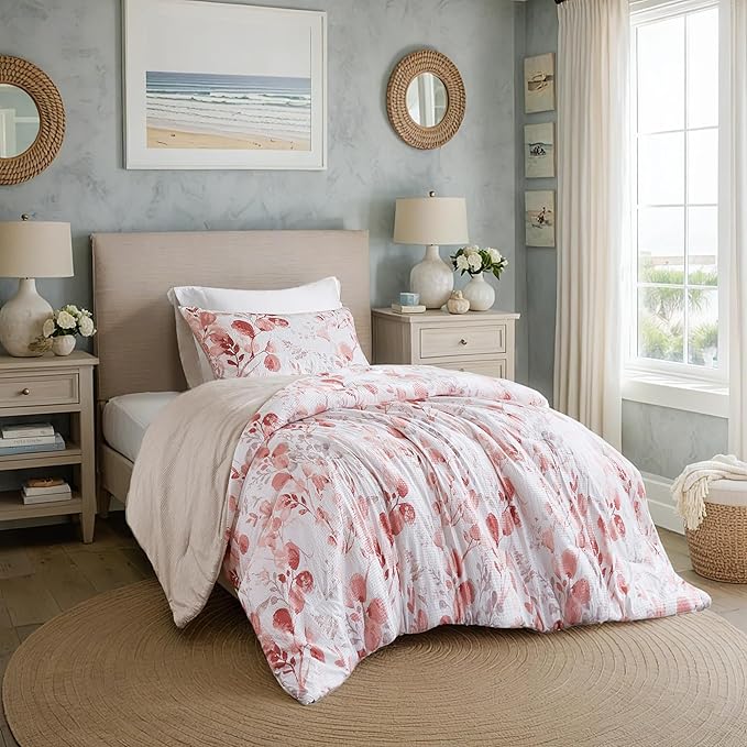 Lightweight Seersucker Botanical Comforter Set Twin Size, 2 Pieces Reversible Design with Striped Print, Premium Microfiber Bedding Set, Comforter and Sham Set, Pink