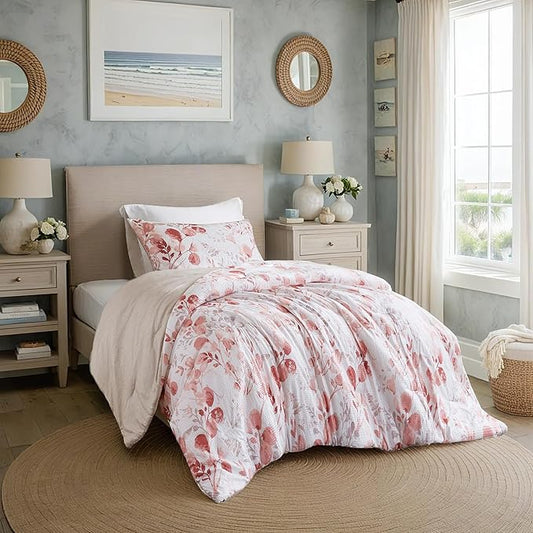 Lightweight Seersucker Botanical Comforter Set Twin Size, 2 Pieces Reversible Design with Striped Print, Premium Microfiber Bedding Set, Comforter and Sham Set, Pink