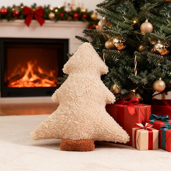 Artmag Christmas Pillows, Decorative Christmas Tree Pillow Stuffed Tree Shaped Plush Pillow for Holiday Party Sofa Living Room Decoration (15.5" x 14.5", Beige)