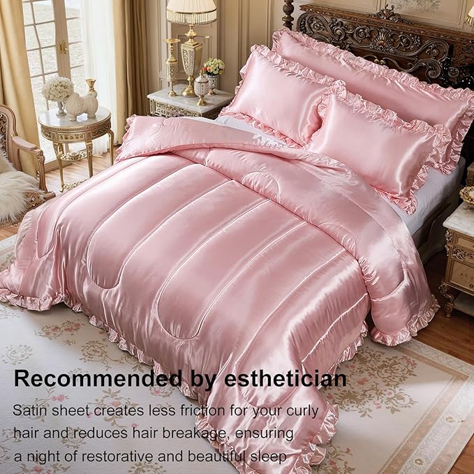 Satin King Comforter Set Silk Like Satin Bedding Set Hotel Soft Polyester Pink Bed Set Luxury Silky Pillow Cover with Quilt Set Ruffle Down Comforter Home Decor