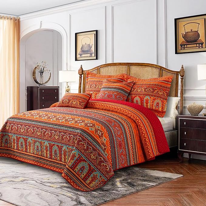 BEDIFANY Cotton Quilts Queen Size Set - Lightweight Bedspreads Queen Size - Soft Colorful Orange Quilted Quilt Bedding Sets (90 * 98 Inch) with 2 Pillow Shams for Bed Decoration Coverlet, 3 Pieces