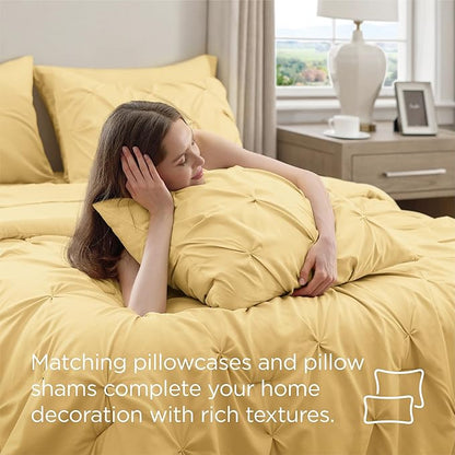 Bedsure King Size Comforter Set Yellow - Bed in a Bag Bedding Set 7 Pieces, GentleSoft™ Pintuck Bed Set Gift for Family, Pinch Pleat Yellow Comforter with Sheets, Pillowcases & Shams