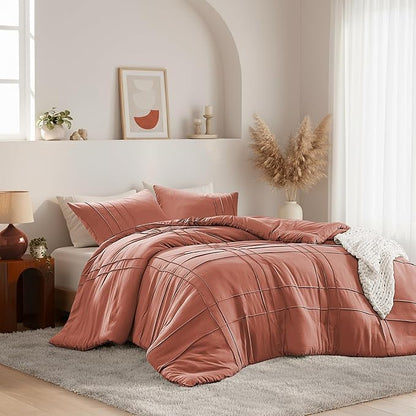 Queen Size Comforter Set Orange, 3 Pieces Bedding Set, Ultra Soft Prewashed Bed Set, Pinch Pleat All Seasons Lightweight Comforter and Shams