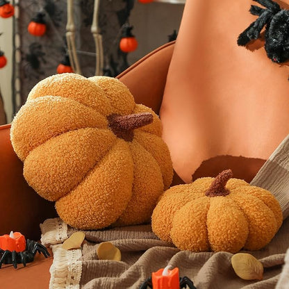 YRXRUS Pumpkin Pillows, Thanksgiving Pumpkin Pillow Set of 2, Yellow Throw Pillows Fall Room Decoration, Teddy Fleece 6x12&4x7 Inches Accent Cushion Gifts for Holiday