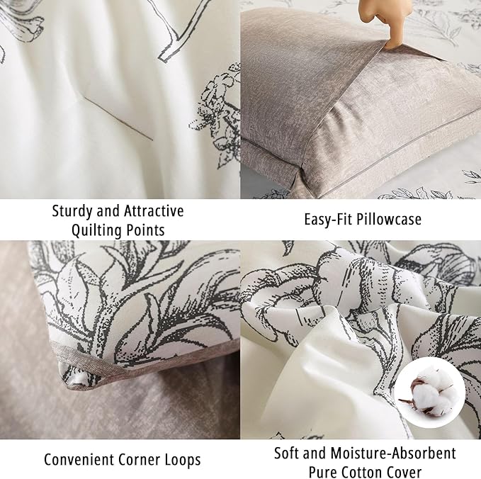 Floral Cotton Comforter Queen Size 3Pcs - Vintage Design with Luxurious Black Sketched Flowers & Leaves on Cream, Retro Taupe Reversible Lightweight Bedding Sets with Soft Fill(90"×90")