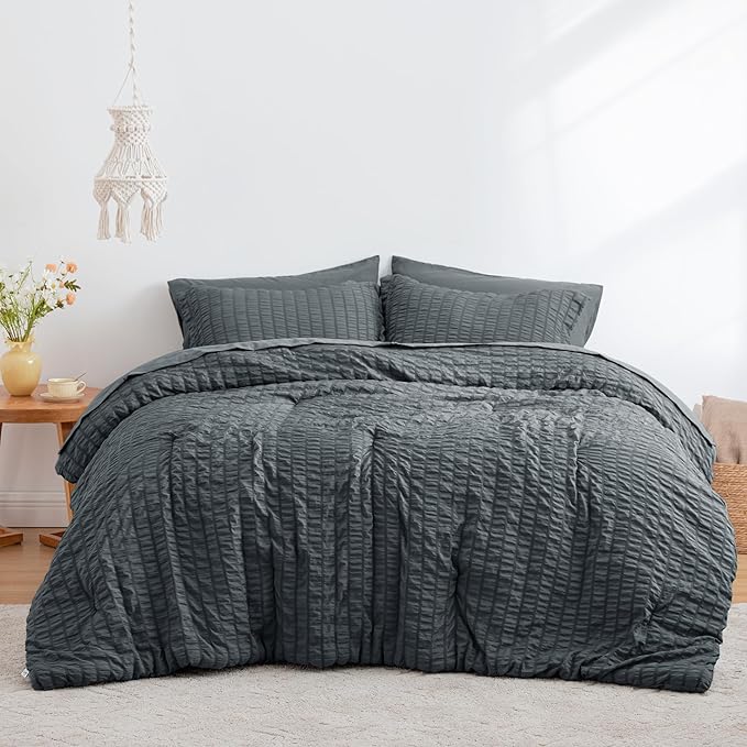 Love's cabin Seersucker Charcoal Grey Full Comforter Set, 7-Piece All Season Lightweight Bed in a Bag Bedding Set with Comforter, Flat Sheet, Fitted Sheet, Pillowcases and Shams | Soft, Breathable, Lightweight