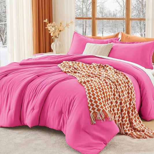 MUXHOMO Full Comforter Sets, All Season Ultra Soft Down Alternative Bedding - 3 Piece Lightweight Bed Set Includes 1 Comforter (82"x86") and 2 Pillow Shams (20"x26"), Hot Pink