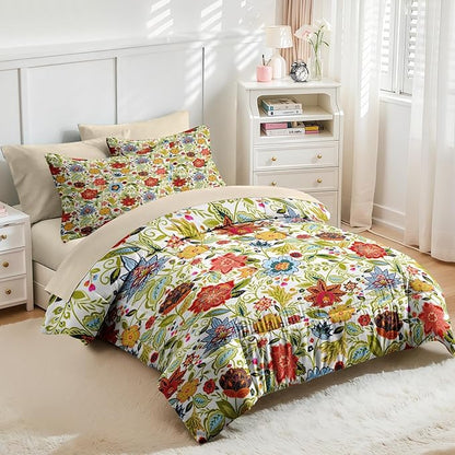 Nesker 7 Pcs Spring Comforter Set Queen Size, Floral Boho Bedding Set for Kids and Adults, Vibrant Leaves Bed Sheet Sets with Fitted Sheet 2 Pillowcases & 2 Shams