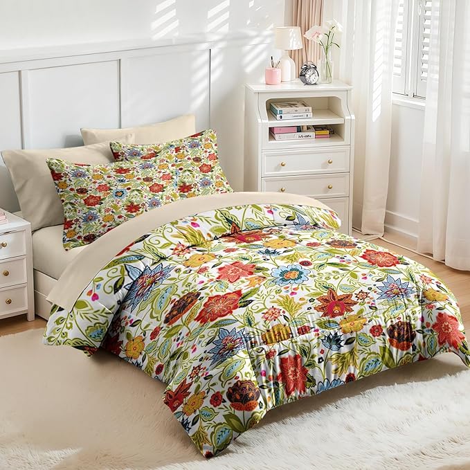 Nesker 7 Pcs Spring Comforter Set Full Size, Floral Boho Bedding Set for Kids and Adults, Vibrant Leaves Bed Sheet Sets with Fitted Sheet 2 Pillowcases & 2 Shams