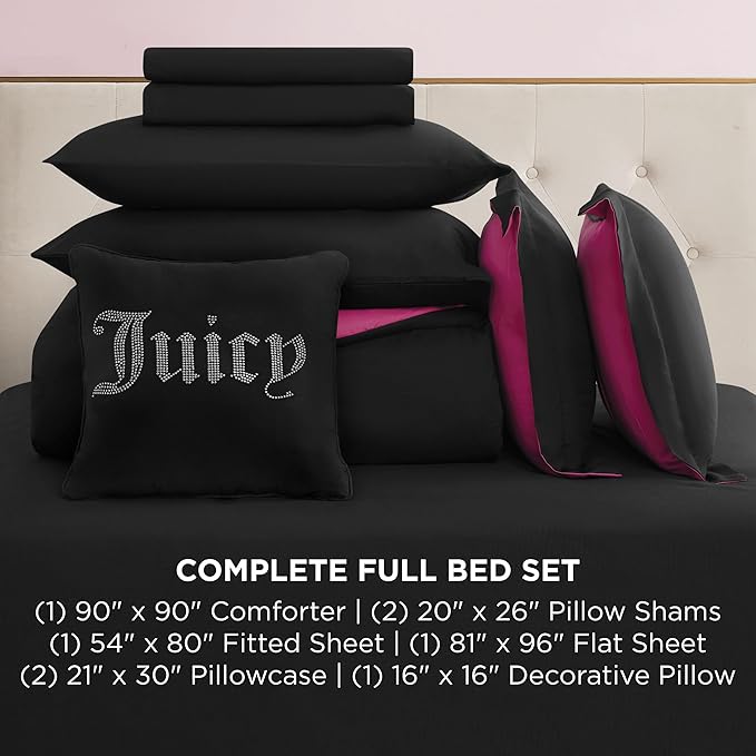 Juicy Couture Alexis Reversible Comforter Set, Full Bed in a Bag – Black/Hot Pink, 8-Piece Bedding Collection