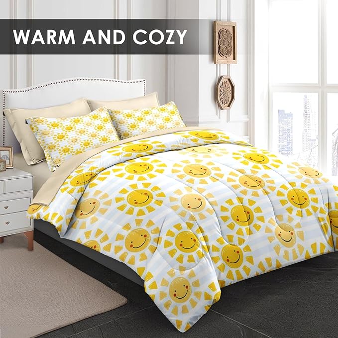 Comforter Set Twin Size, Cute Sunshine Sun 5 Pcs Bedding for Kids and Adults, Beach Summer Happy Bed Sheet Sets with Fitted Sheet Pillowcase & Sham for Bedroom Bed Decor